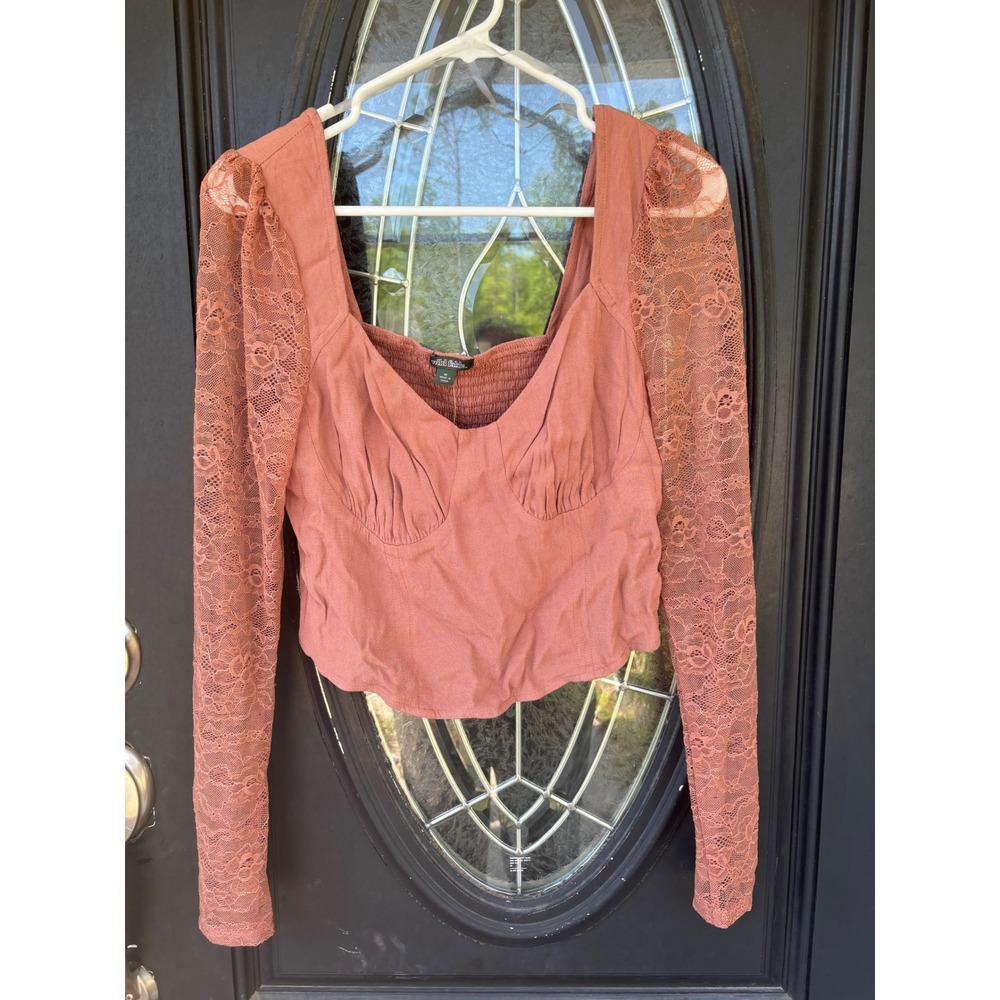 Wild Fable Womens Lace Long Sleeve Smocked Crop Top Dusty Rose Terracotta Medium